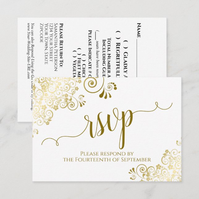 Elegant Guld Curls & Calligraphy Bröllop QR Code OSA Kort (Fram/baksida)