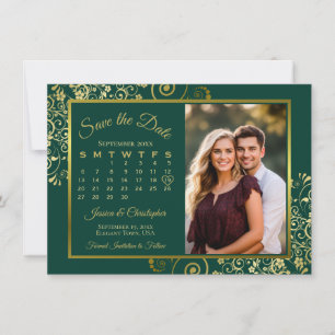 Elegant Guld Curls Emerald Calendar Photo Bröllop Spara Datumet