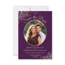 Elegant Guld Curls Oval Photo Plum Lila Bröllop