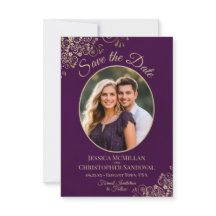 Elegant Guld Curls Oval Photo Plum Lila Bröllop