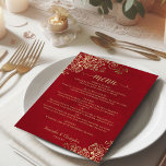 Elegant Guld Curls & Swirls on Crimson Red Bröllop Meny<br><div class="desc">Denna vackra bröllop-meny är enkel,  elegant,  sofistikerad och snyggt. Den har en elegant krimson-röd design med lacy guld-manusjografi och delikata gyllene kurvor och snurrar i hörnen. Bakgrunden är ett marmorerat struktur.</div>