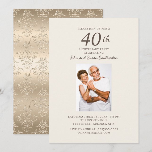 Elegant guld-damask 40-års bröllopsjubileumsfoto inbjudningar (Fram/baksida)