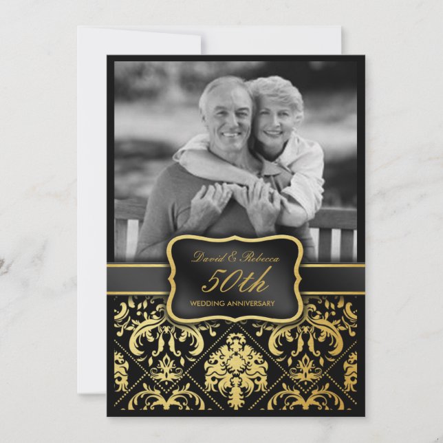 Elegant guld-damask 50-års bröllopsdag inbjudningar (Framsida)
