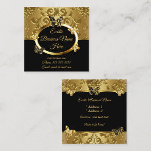Elegant Guld Damask Blommor Fjärilar På Svart Fyrkantigt Visitkort