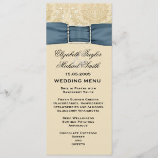 Elegant Guld Damask Blue Ribbon Bröllop Menu Meny