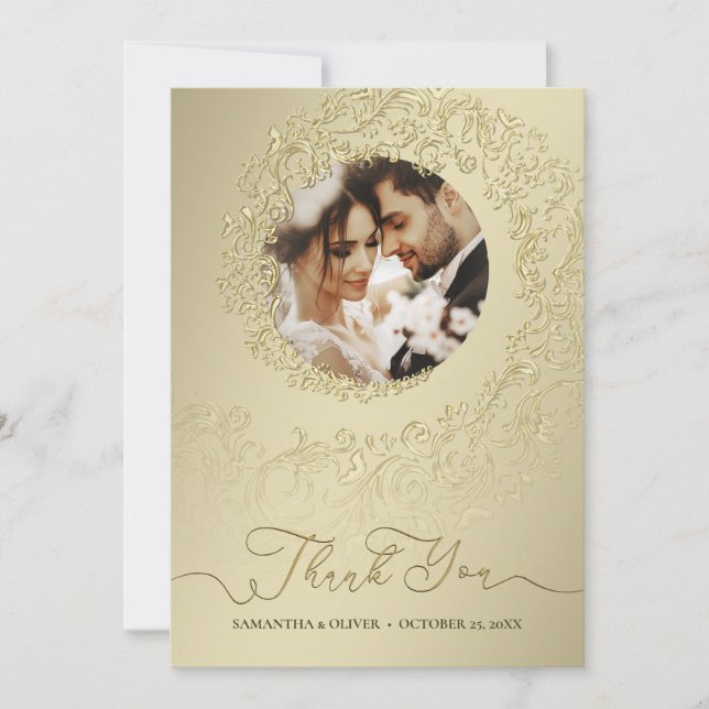 Elegant guld-damask Bröllop tack Foto Kort (Framsida)