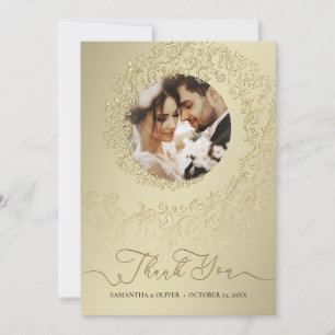 Elegant guld-damask Bröllop tack Foto Kort