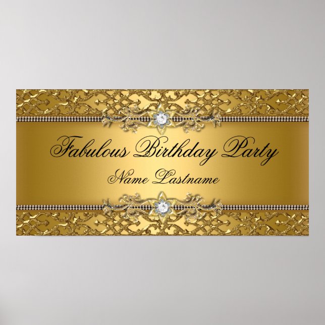 Elegant Guld Damask Embossed Birthday Banner Poster (Framsidan)