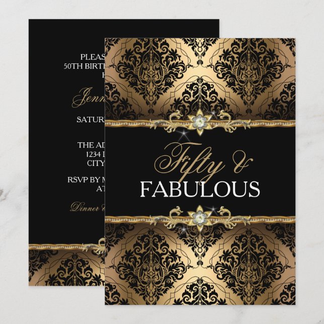 Elegant guld-damask femtio och fantastisk inbjudan (Fram/baksida)