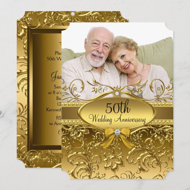 Elegant Guld Damask Foto 50-årsjubileum Inbjudningar (Fram/baksida)