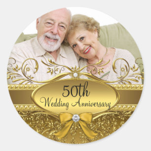 Elegant guld-damask Foto 50-årsjubileumsetikett Runt Klistermärke