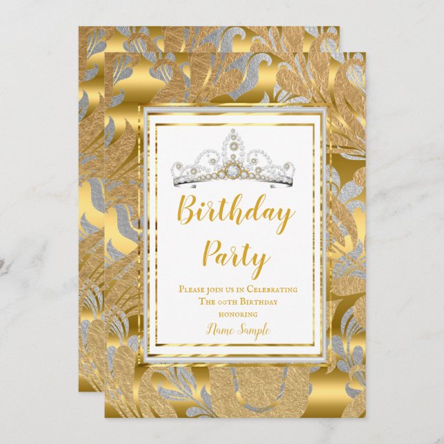 Elegant Guld Damask Grått Tiara Födelsedagsfest Inbjudningar (Fram/baksida)