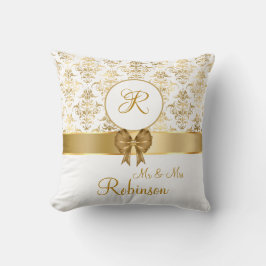 Elegant Guld Damask Monogram Bröllop Gift Kudde