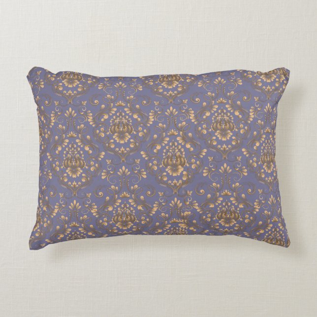 Elegant guld-damask på blå periwinkle prydnadskudde (Framsidan)