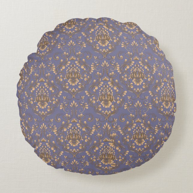 Elegant guld-damask på blå periwinkle rund kudde (Framsidan)