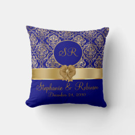 Elegant guld-damask på marinblå monogram kudde