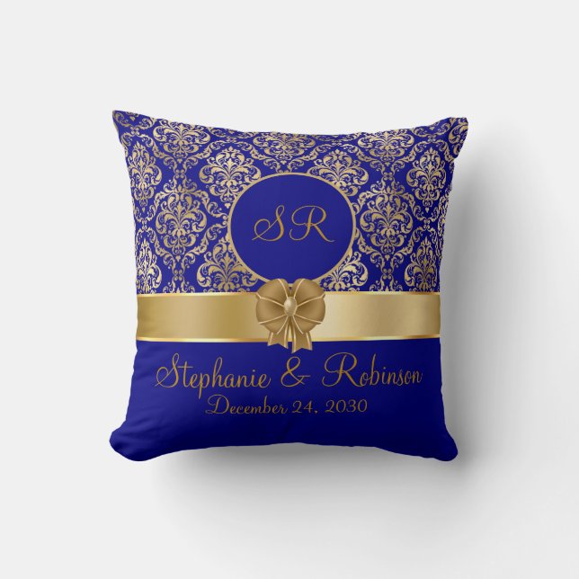 Elegant guld-damask på marinblå monogram kudde (Framsida)