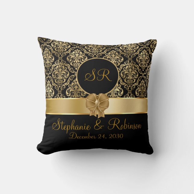 Elegant Guld Damask På Svart Monogram Kudde (Framsida)