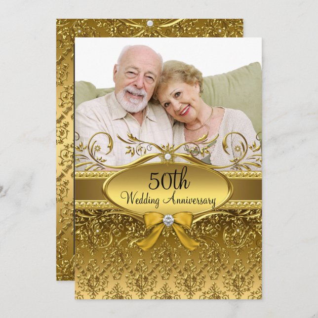 Elegant Guld Damask Photo 50-årsdagen Inbjudan (Fram/baksida)