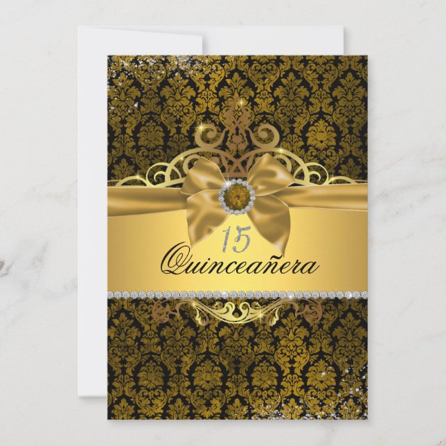 Elegant guld-damask Quinceanera-inbjudan Inbjudningar (Framsida)