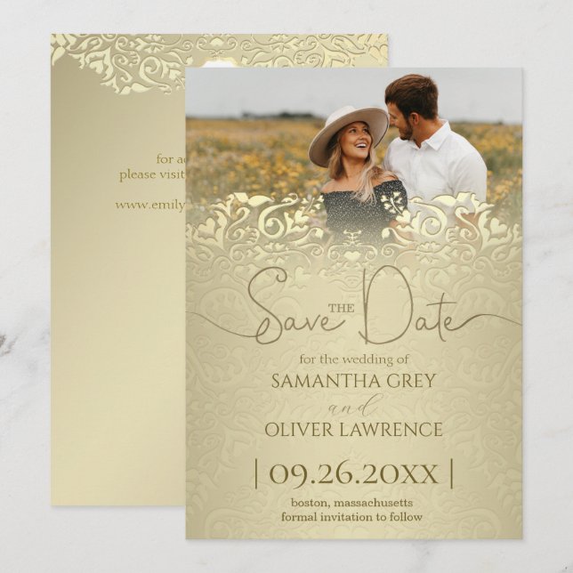 Elegant guld-damask "Save the Date"-kort Tack Kort (Fram/baksida)