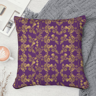 Elegant Guld Damask snabb Blommigt på lilan Kudde