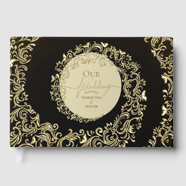 Elegant Guld Damask Wedding Gästböcker (Framsida)