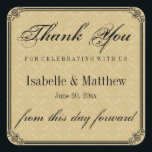 Elegant Guld Damask Wedding Tack Stickers Fyrkantigt Klistermärke<br><div class="desc">Guld Damaskus bakgrund och det formella typsnittet skapar ett vackert bröllop-tack. Använda det på dina bröllopsfavoriter,  bröllop tårtlådor. All text är lätt att redigera. Perfekt for a Downtown Abbey bröllop,  Gatsby bröllop,  1920-talet bröllop.</div>