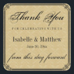 Elegant Guld Damask Wedding Tack Stickers Fyrkantigt Klistermärke<br><div class="desc">Guld Damaskus bakgrund och det formella typsnittet skapar ett vackert bröllop-tack. Använda det på dina bröllopsfavoriter,  bröllop tårtlådor. All text är lätt att redigera. Perfekt for a Downtown Abbey bröllop,  Gatsby bröllop,  1920-talet bröllop.</div>