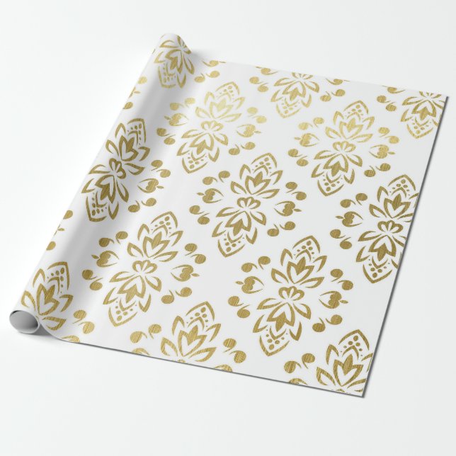 Elegant guld damast blomster Mönster bröllop Wrapp Presentpapper (Utrullad)