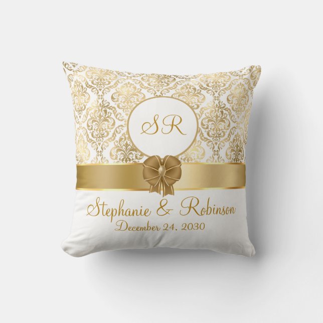 Elegant guld damastmonogram bröllopspresent kudde (Framsida)