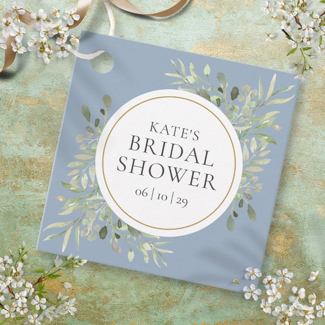 Elegant guld dammig blå grönska bröllopsdusch gåvor etiketter (Elegant Gold Dusty Blue Greenery Bridal Shower Favor Tags)