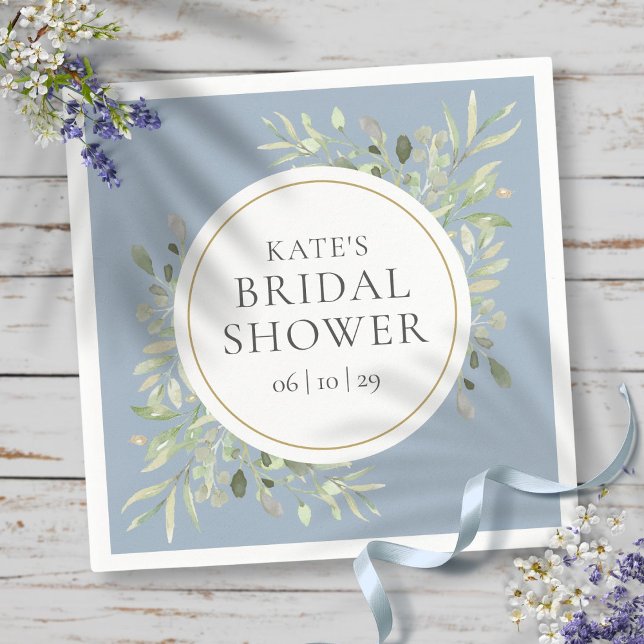 Elegant guld dammig blå grönska bröllopsdusch pappersservett (Elegant Gold Dusty Blue Greenery Bridal Shower Napkins)