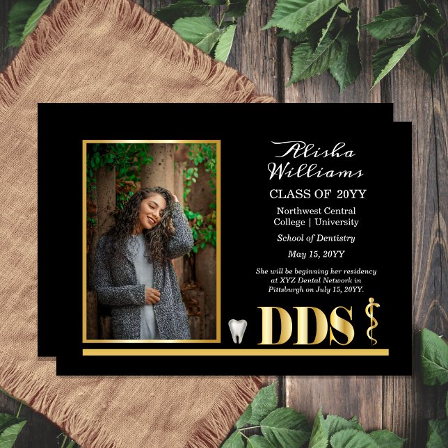 Elegant Guld DDS Asclepius Dentist Studenten Meddelande (Elegant Black and Gold Tone One Photo Asclepius Dentist Dental "DDS" Graduation Announcement )