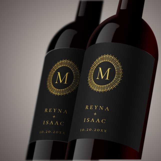 Elegant Guld Deco Krans Monogram Vinflaska Etikett (Skapare uppladdad)