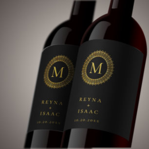 Elegant Guld Deco-utandning Monogram Vinflaska Etikett