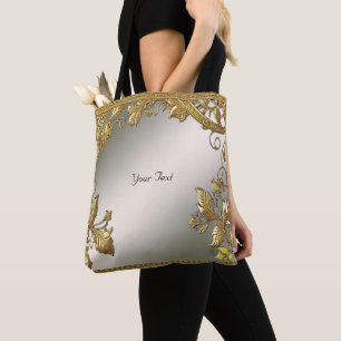 Elegant Guld Decorative Blommigt Tote Bag Tygkasse