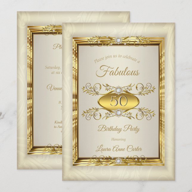Elegant Guld Diamant Beige Kräm Födelsedagsfest Inbjudningar (Fram/baksida)