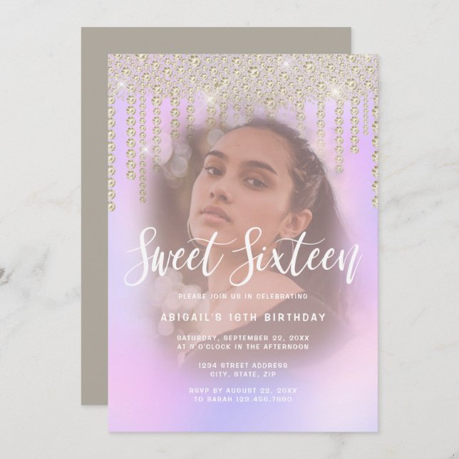 Elegant guld diamantdroppar lila sweet sixteen inbjudningar (Fram/baksida)