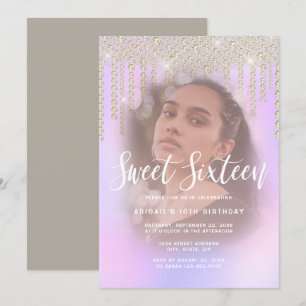 Elegant guld diamantdroppar lila sweet sixteen inbjudningar