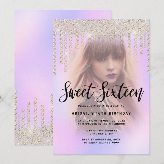 Elegant guld diamantdroppar lila sweet sixteen inbjudningar (Fram/baksida)