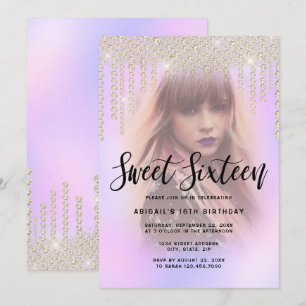Elegant guld diamantdroppar lila sweet sixteen inbjudningar