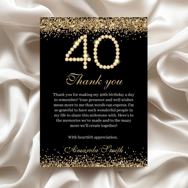 Elegant Guld Diamanter 40-års Födelsedags Tacksamh Tack Kort (Gold Diamonds 40th Birthday Party Thank you card)