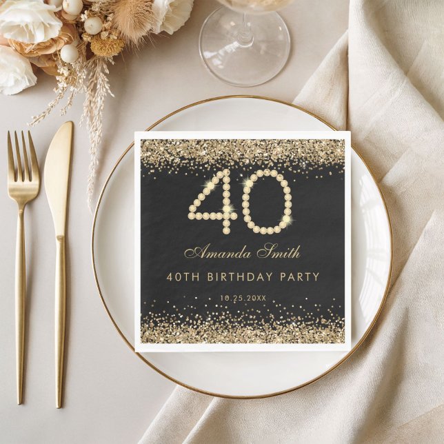 Elegant guld diamanter 40-års födelsedagsfest  pappersservett (Gold 40th birthday party napkin)