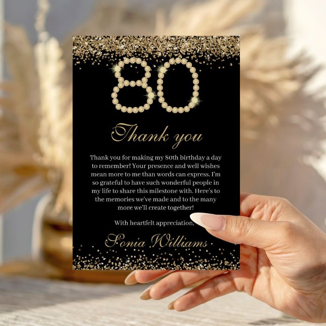 Elegant Guld Diamanter 80-årsdag Tacksamhetskort Tack Kort (Elegant  black and Gold 80th Birthday Thank you card)