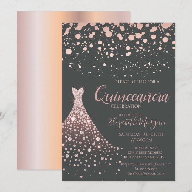 Elegant Guld Diamonds Dress Quinceañera Inbjudningar (Fram/baksida)
