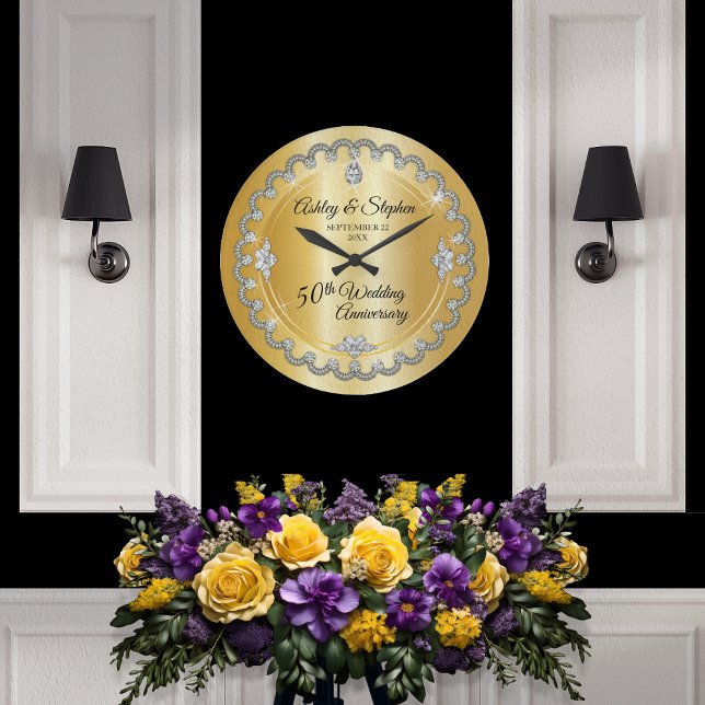 Elegant Guld Diamonds femtionde Bröllop-årsdagen Stor Klocka (Elegant Gold Diamonds 50th Wedding Anniversary Large Clock)