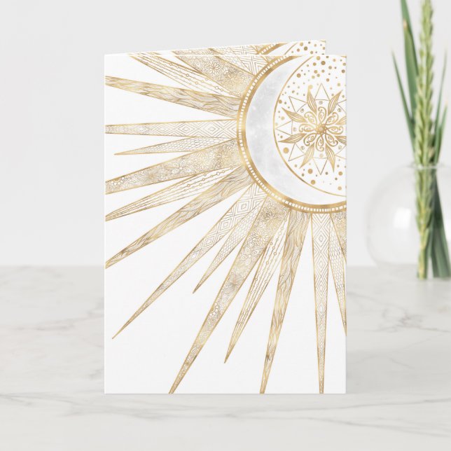 Elegant Guld Doodles Sol Måne Mandala-design Helgkort (Framsida)