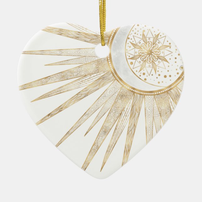 Elegant Guld Doodles Sol Måne Mandala-design Julgransprydnad Keramik (Framsidan)