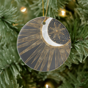 Elegant Guld Doodles Sol Måne Mandala-design Julgransprydnad Keramik